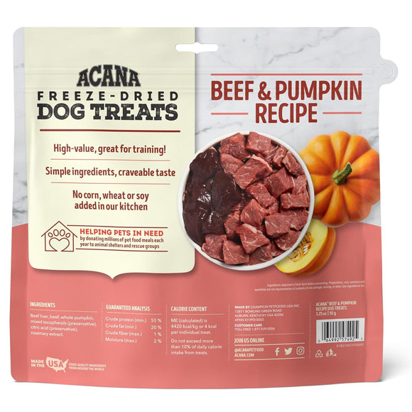 Acana freeze-dried dog treats package with beef and pumpkin recipe on a white background