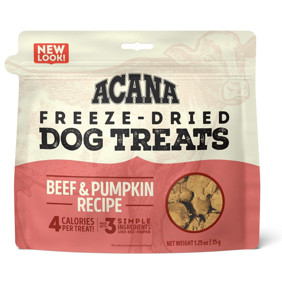 Acana freeze-dried dog treats package with beef and pumpkin flavor on a white background