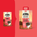 Two packages of Acana dog treats on a red background