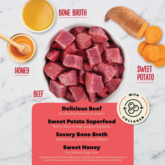Dog food ingredients including beef, bone broth, sweet potato, and honey on a marble background.