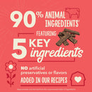Product label with text about animal ingredients and no artificial additives on a red background