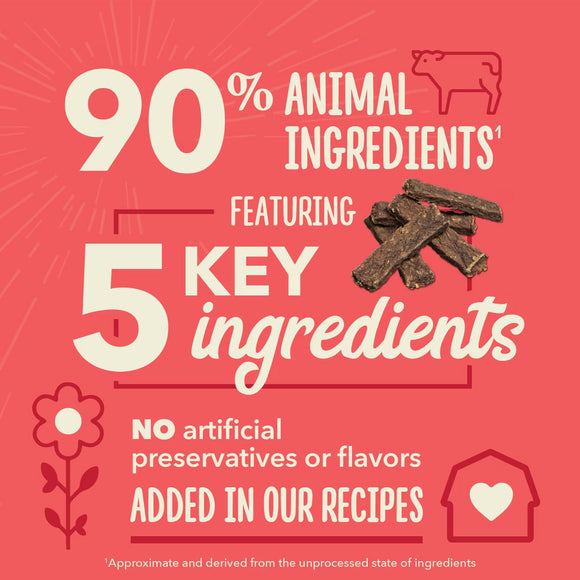 Product label with text about animal ingredients and no artificial additives on a red background