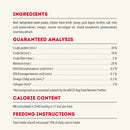 Dog food ingredient list, guaranteed analysis, and feeding instructions on a white background.