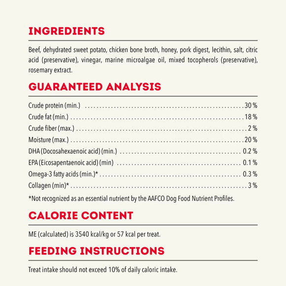 Dog food ingredient list, guaranteed analysis, and feeding instructions on a white background.