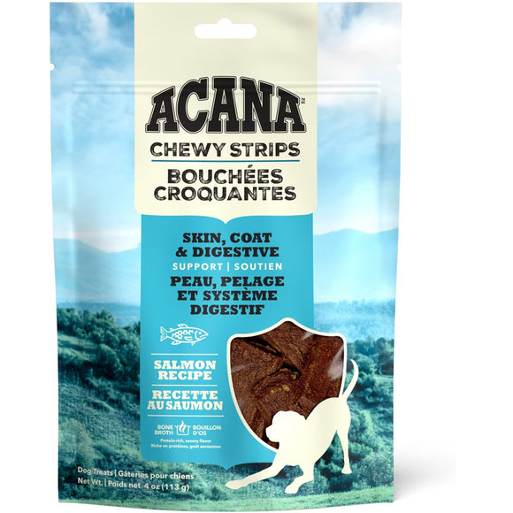 Acana Chewy Strips packaging with scenic background
