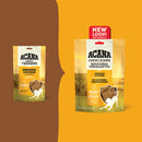 Two packages of Acana Chewy Strips on a brown and orange background
