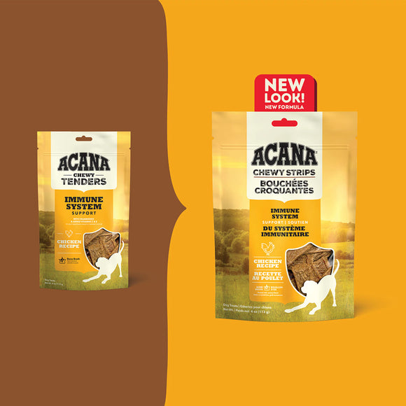 Two packages of Acana Chewy Strips on a brown and orange background