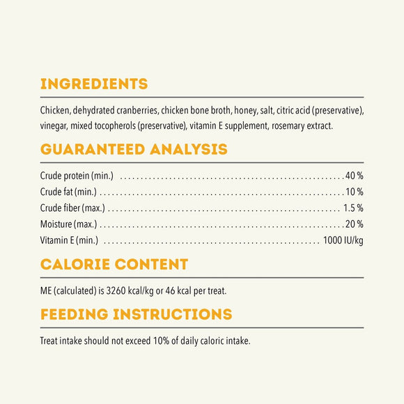Nutritional label with ingredients, guaranteed analysis, calorie content, and feeding instructions on a white background.