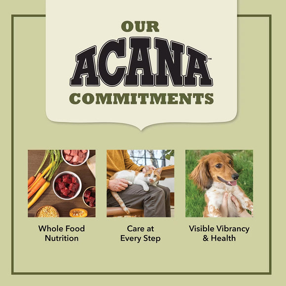 Acana pet food brand commitments with images of food, a person with a dog, and a dog outdoors on a green background.