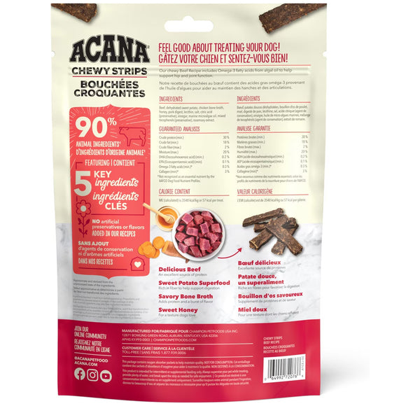 Acana Chewy Strips dog treat package with ingredients and nutritional information on a white background