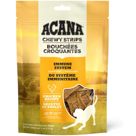 Acana Chewy Strips for dogs with a scenic background on the packaging