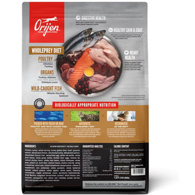 Orijen pet food package with ingredients and health benefits on a white background