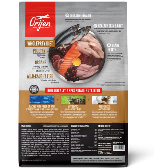 Orijen pet food package with ingredients and health benefits on a white background