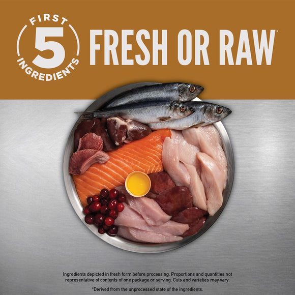 Image of fresh or raw ingredients including fish, meat, and eggs on a metallic surface with 'First 5 Ingredients' branding.