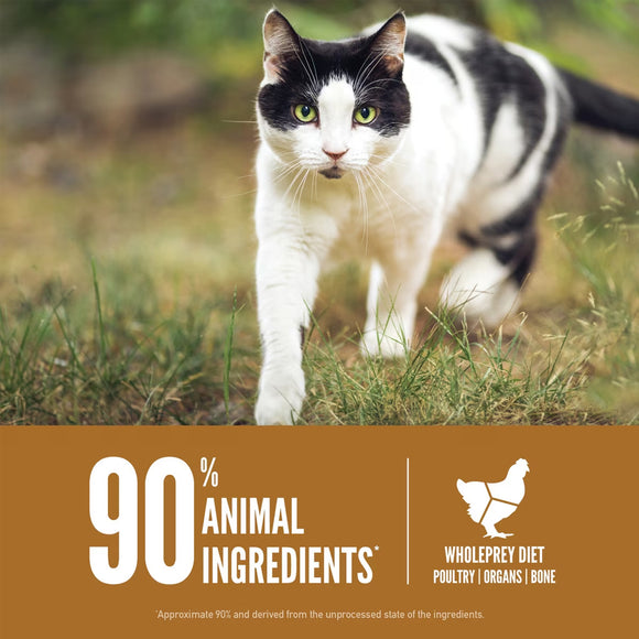 Cat standing in grass with a brown banner highlighting 90% animal ingredients and whole prey diet.