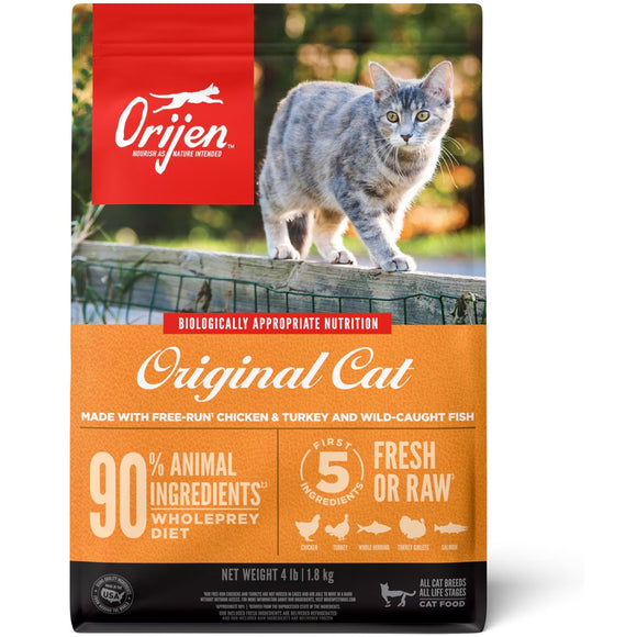 Orijen cat food package with a cat on top, featuring branding and product details.