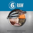 Raw fish and ingredients on a metallic surface with 'First 6 Ingredients Raw' branding.