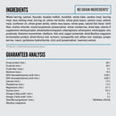 Ingredients and guaranteed analysis chart for a pet food product on a white background