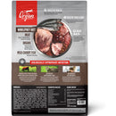 Orijen pet food package with images of raw meats and text on a white background