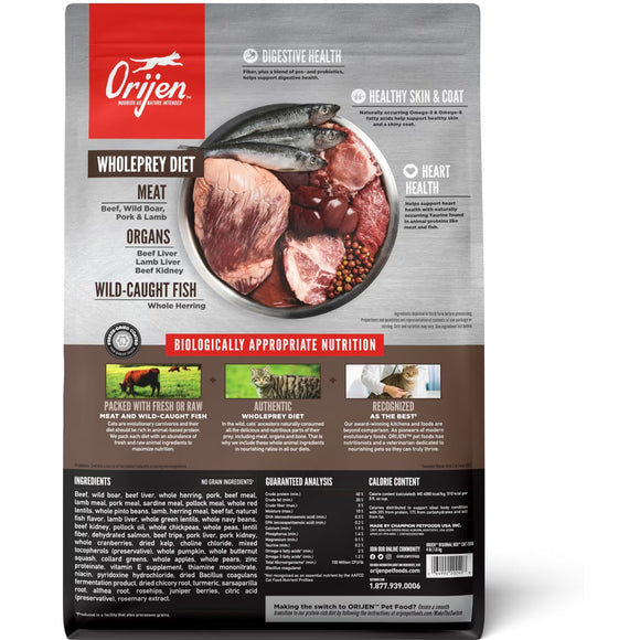 Orijen pet food package with images of raw meats and text on a white background