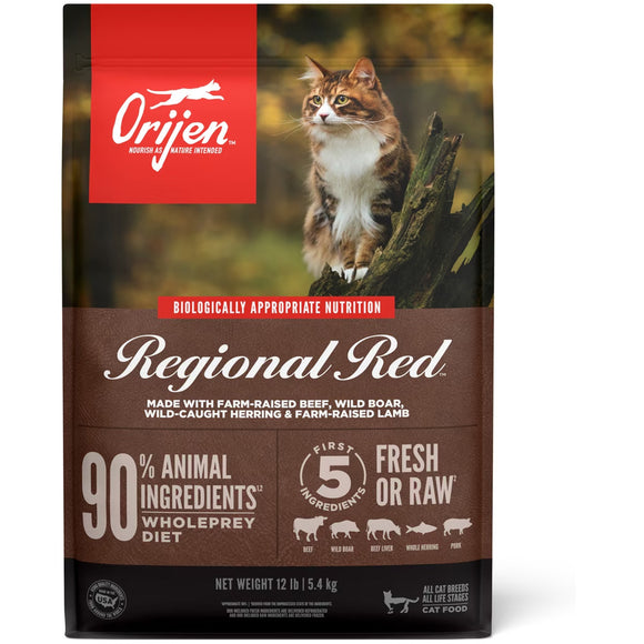 Orijen Regional Red cat food package with a cat on a branch