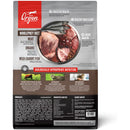 Orijen dog food package with ingredients and health benefits on a white background