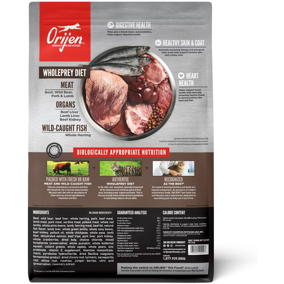 Orijen dog food package with ingredients and health benefits on a white background