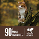 Cat sitting on a tree branch with text about animal ingredients and a wholeprey diet label.