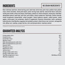 Dog food label with ingredients and guaranteed analysis on a white background