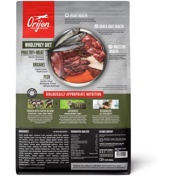 Orijen pet food package with images of raw meat and fish on a white background