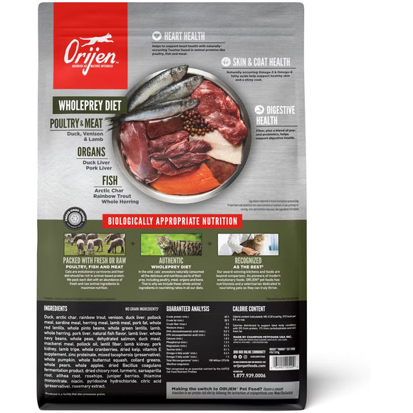 Orijen pet food package with images of raw meat and fish on a white background