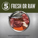 Platter with raw meats and fish on a metallic surface, branded 'First 5 Ingredients'.