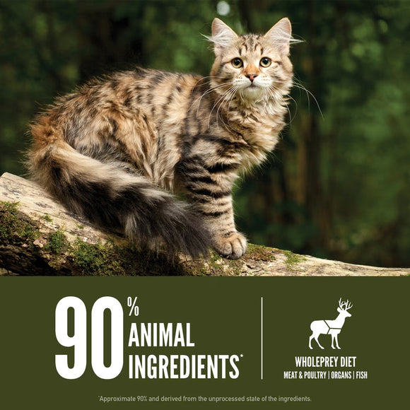 Cat on a branch with text about animal ingredients and Wholeprey Diet branding.