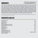 Dog food ingredient list and guaranteed analysis on a white background