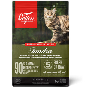Orijen Fundra cat food package with a cat on the label