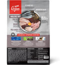 Orijen pet food package with ingredients and health benefits listed on a white background