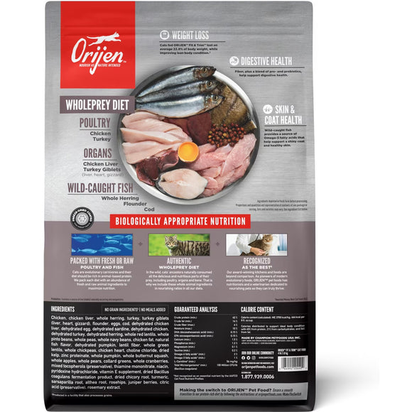 Orijen pet food package with ingredients and health benefits listed on a white background