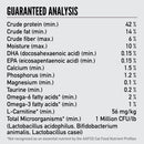 Guaranteed analysis chart for a pet food product with nutritional specifications.