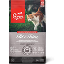 Orijen Fit & Trim cat food package with a cat on grass