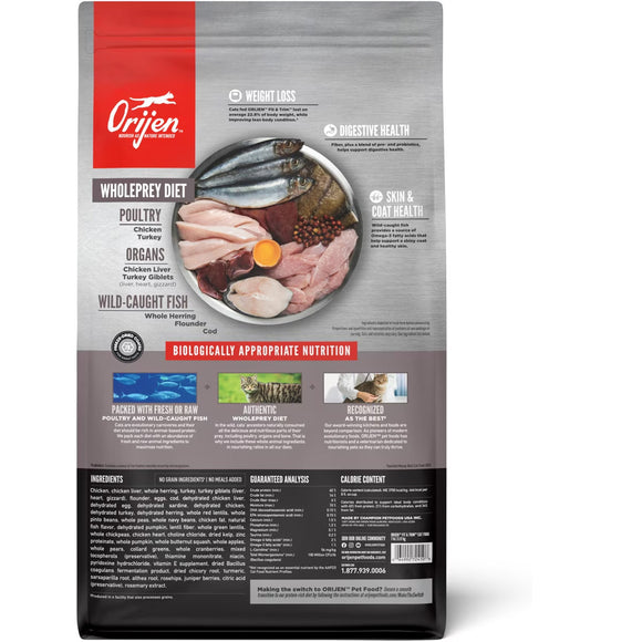 Orijen dog food package with ingredients and health benefits on a white background