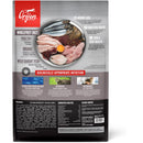 Orijen pet food package with ingredients and health benefits listed on a white background