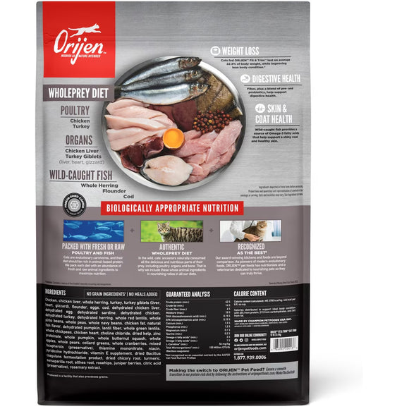 Orijen pet food package with ingredients and health benefits listed on a white background