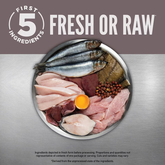 Display of fresh or raw ingredients including fish, meat, and spices on a metallic surface with 'First 5 Ingredients' branding.
