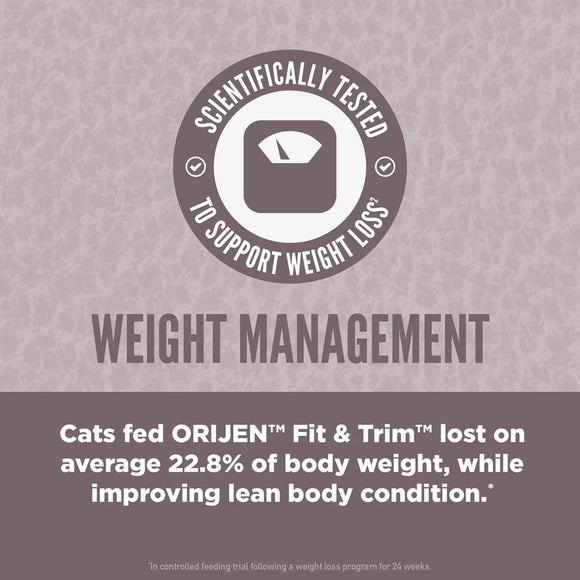 Orijen Fit & Trim weight management label on a gray background