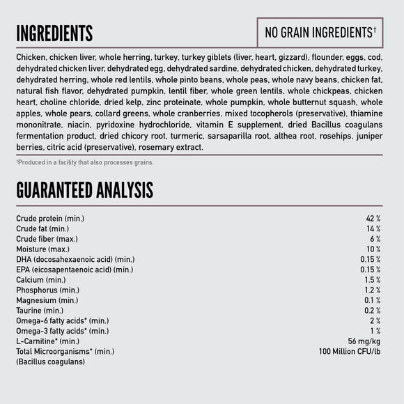 Ingredients and guaranteed analysis for a pet food product on a white background