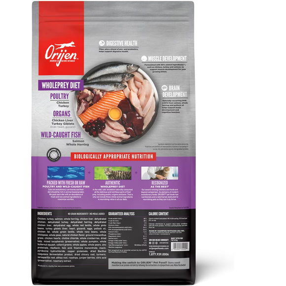 Orijen dog food package with ingredients and health benefits listed on a white background