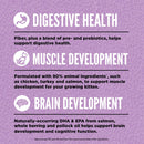 Purple informational poster about digestive health, muscle development, and brain development for kittens.