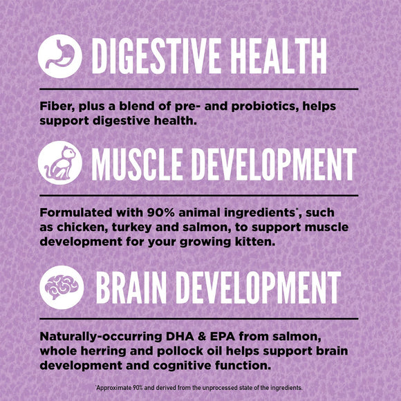 Purple informational poster about digestive health, muscle development, and brain development for kittens.