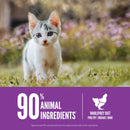 Kitten in a field with a purple banner highlighting '90% animal ingredients' and 'wholeprey diet' text.