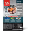 Orijen pet food packaging with images of fish, meat, and poultry on a white background